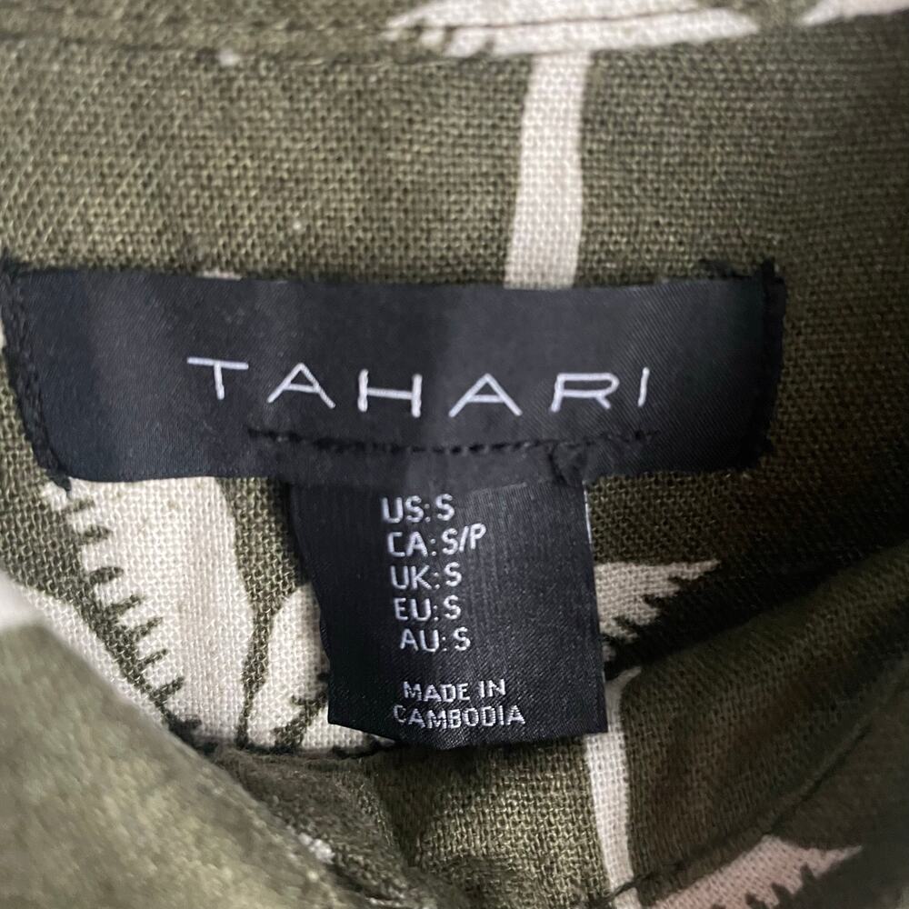 Tahari Linen Blend Dress Pockets Green Tropical Belted Vacation Resort Small - Picture 5 of 9
